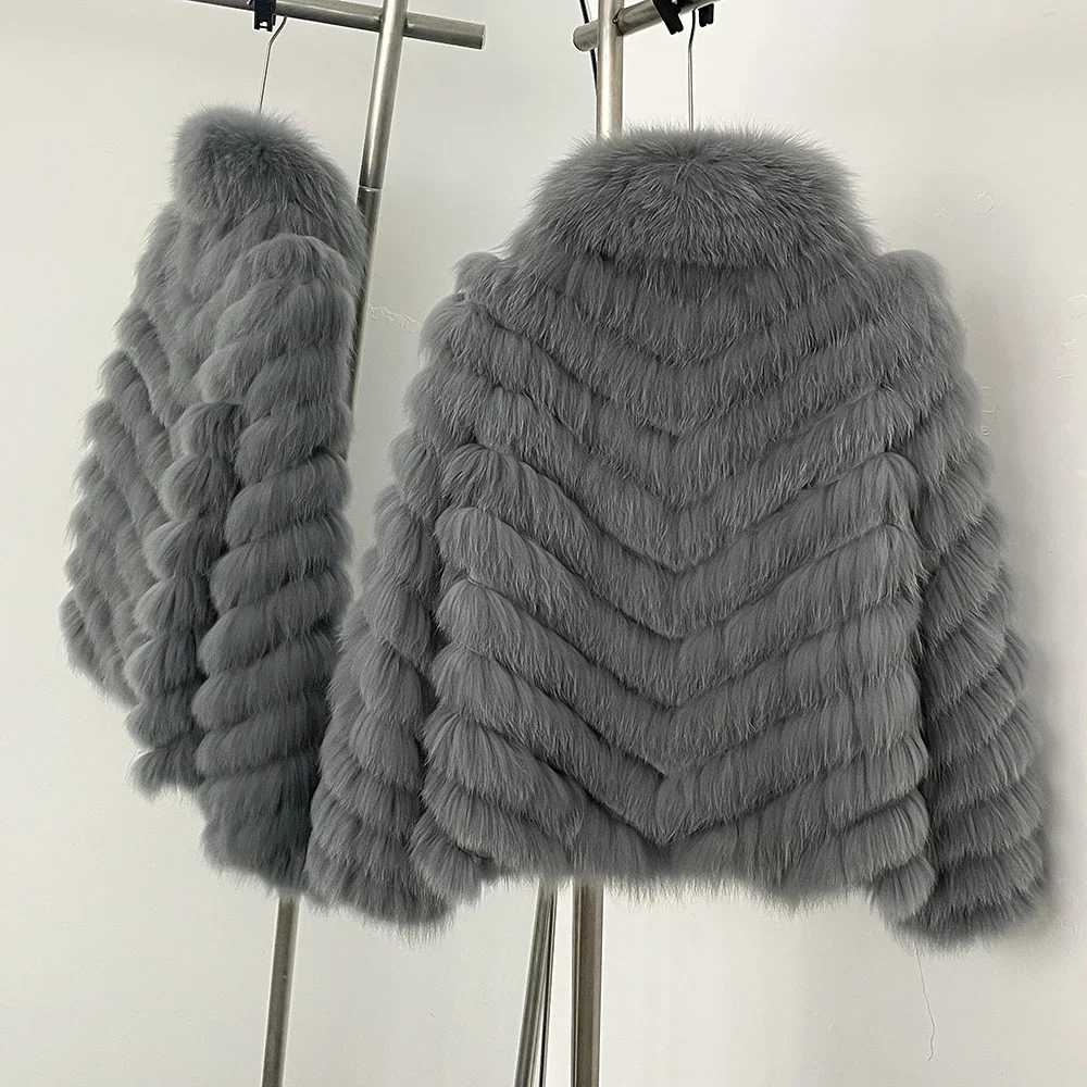 OFTBUY Neue Herbst-Winter-Oberbekleidung für Damen, Wendbare Stehkragen-Jacke aus echtem Fuchsfell, Chevron-Schnitt, kurze, abgeschnittene Naturpelzjacke – Detail 21