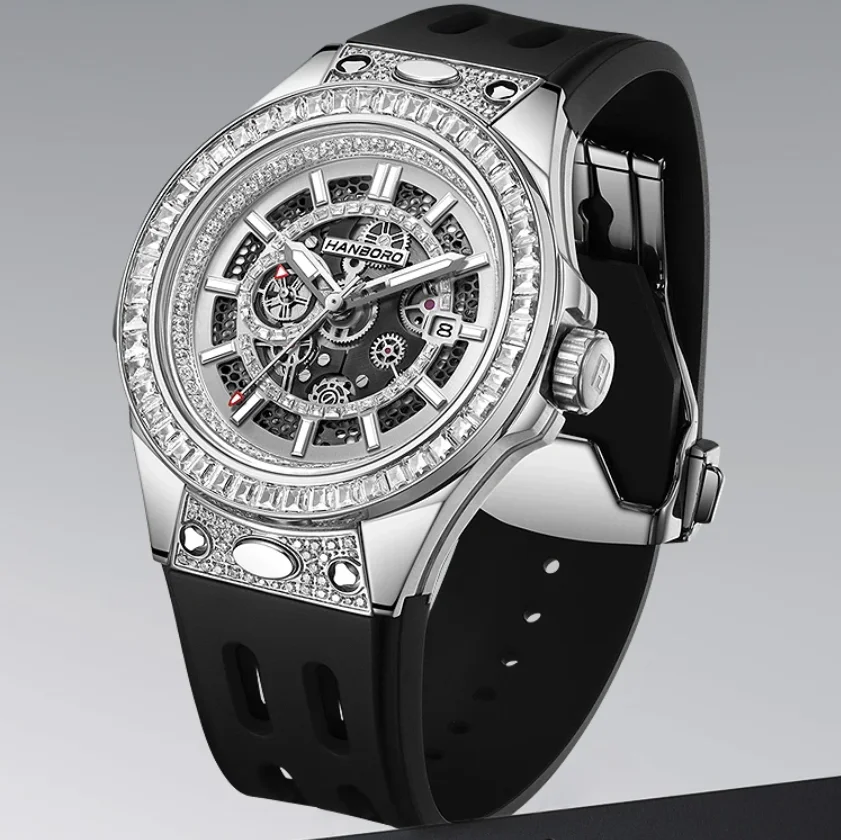 

HANBORO Мужские автоматические часы 42 мм Механические наручные часы с сапфировым стеклом Водонепроницаемые светящиеся скелетоны Miyota 8217 Быстросъемный ремешок