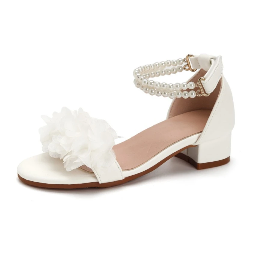 

2026 Summer New Girls Sandals Fashion Pearl Flower High Heels Soft Sole Comfortable Non-slip Kids Footwear for Party Performance