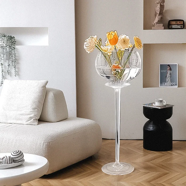 Goblet vase large floor-to-ceiling glass transparent wine glass type high flower arrangement long branch living room orname glas
