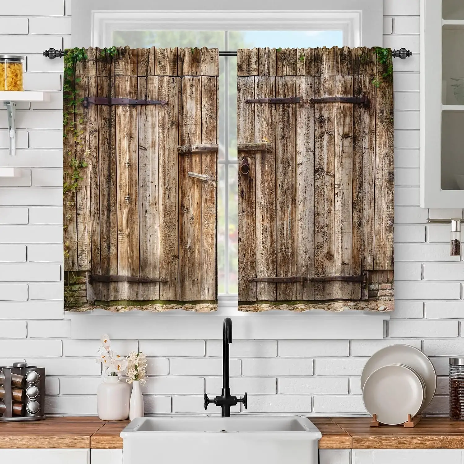 Premium Rustic Farmhouse Barn Door Window Curtains Boho Weathered Wood Distress Greenery Polyester Window Treatments Pair