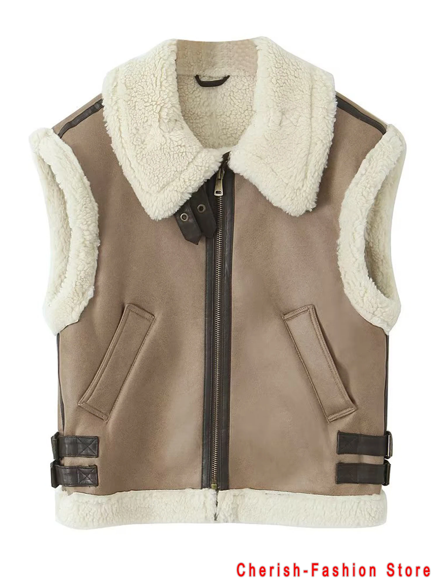 Fur Vest Women Faux Sheepskin Fur Waistcoat Chic Lady Faux Leather Fleece Warm Vest Woman Sleeveless Jacket Fall Winter