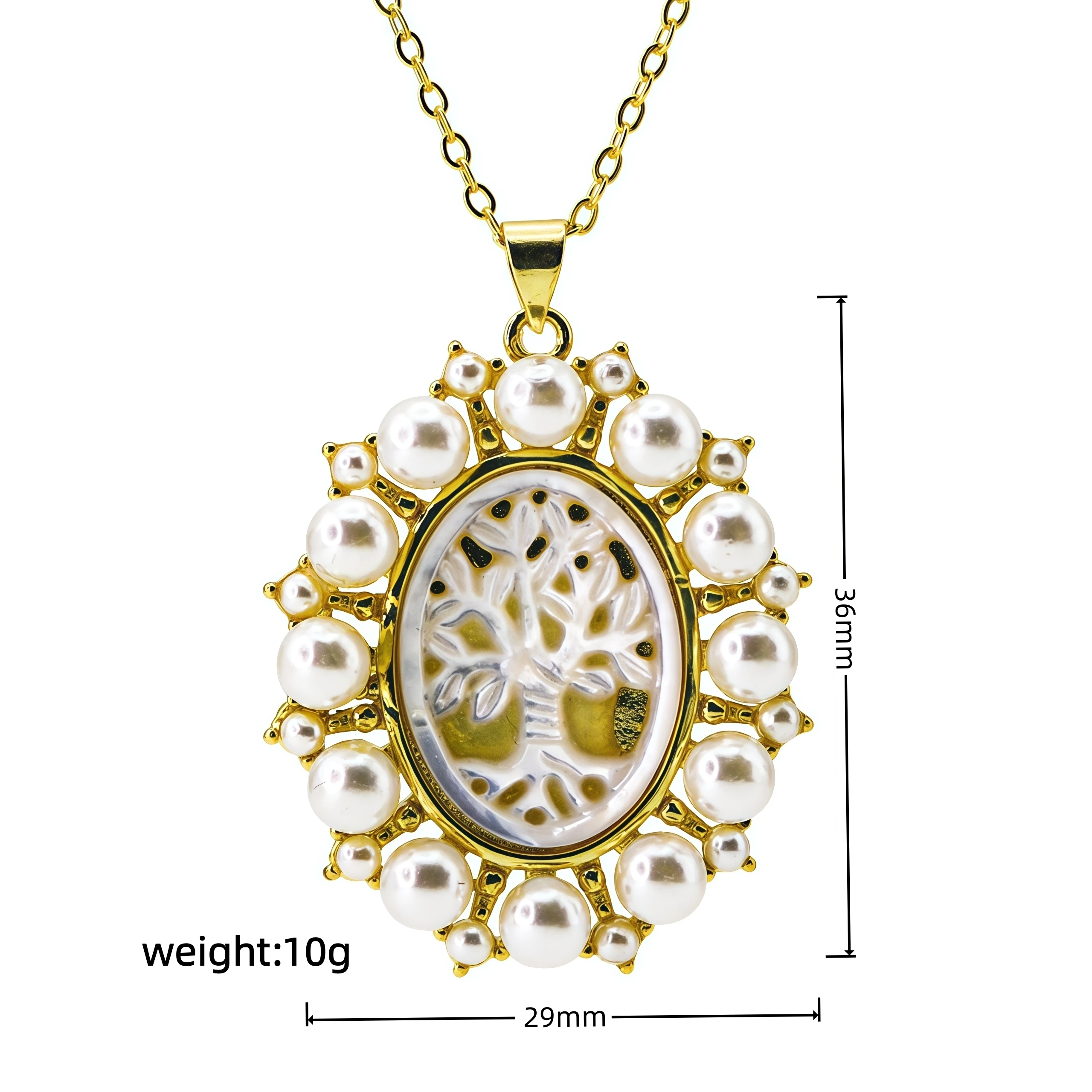 Vintage Pearl Surrounded Oval Shell Life Tree Necklace Gold Plated Mother of Pearl Tree of Life Amulet Jewelry Gift for Ladies