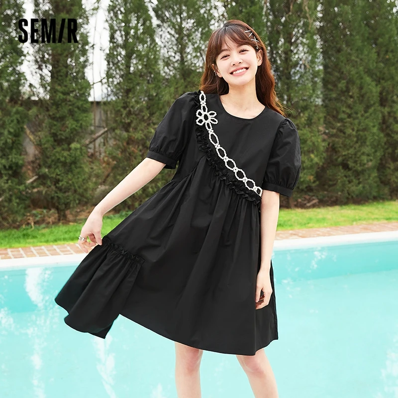 

Semir Dress Women Asymmetrical Fungus Edge Flower 2022 Summer New Loose Puff Sleeve Design Dresses