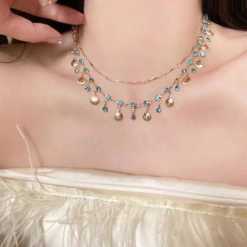 Boho Crystal Shell Pendant Necklace For Women Double-Layer Butterfly Chain Jewelry Accessory Beach Party Gifts