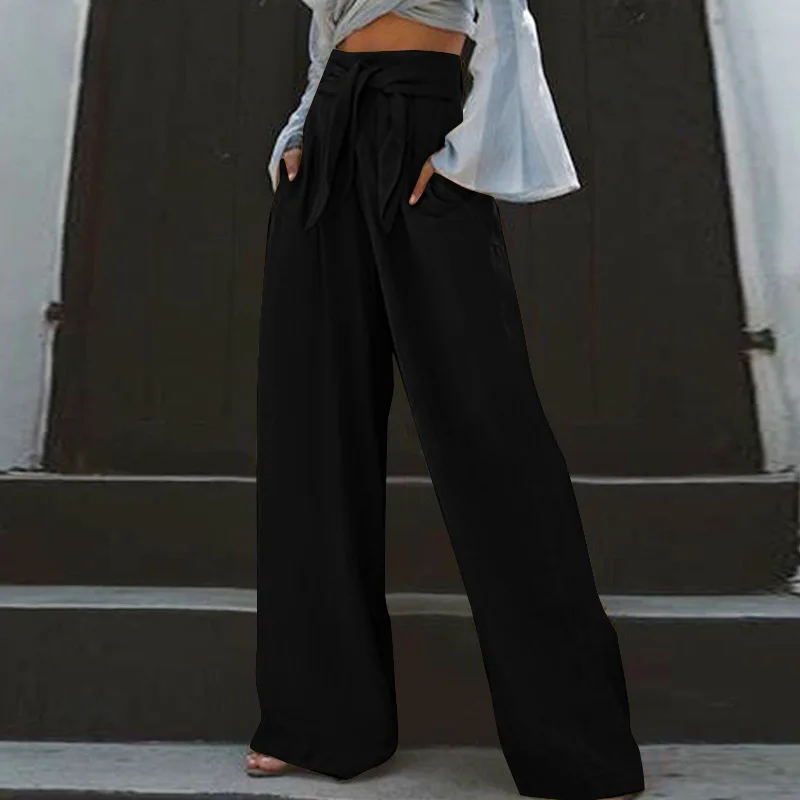Fashion Solid Color Elastic Waisted Casual Pant For Women Bow Tie Tied At The Waist Personalized Pant Casual Straight Leg Pant