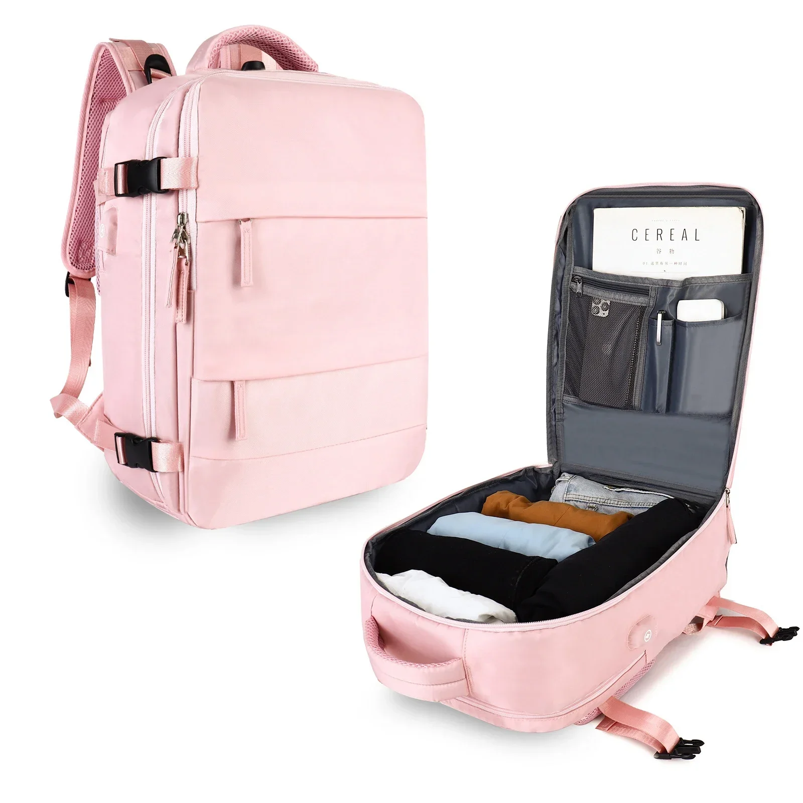 Pink Travel Backpack Women Airplane Large Capacity Multi-Function Luggage Lightweight Waterproof USB Charging Bag Sports Bagpack