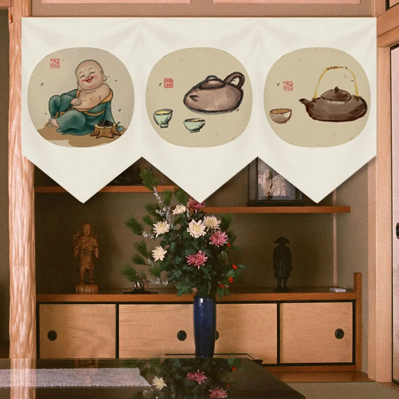 Japanese Tea Room Partition Door Head Curtain Signboard Chinese Style Hanging Short Curtain Restaurant Teahouse Decor Pennant