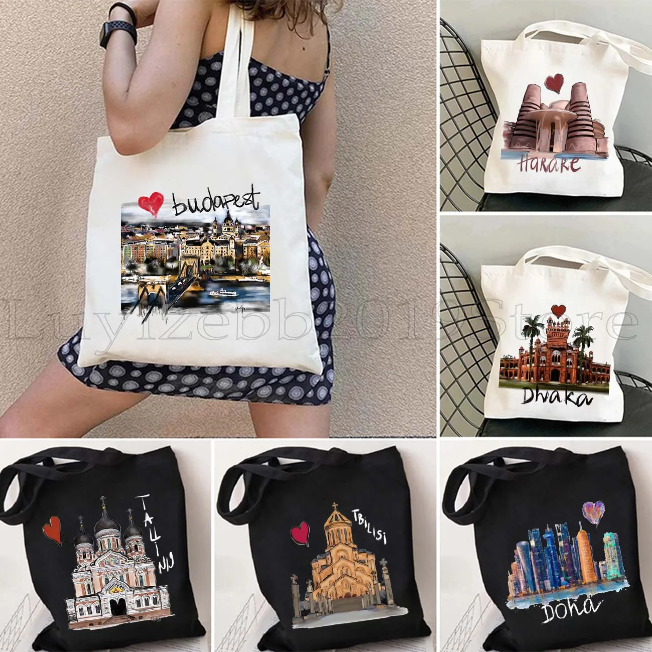 

Budapest Honolulu Seoul Doha Florence Tbilisi Algiers World City Gifts Baku Bamako Bangui Bishkek Canvas Tote Bag Cotton Handbag
