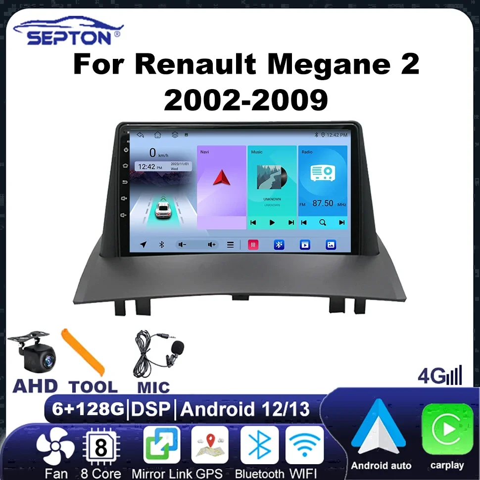 

SEPTON Car Radio Car Audio System for Renault Megane 2 2002-2009 Multimedia Player Carplay 8 Core WIFI 4G Android Auto Builder