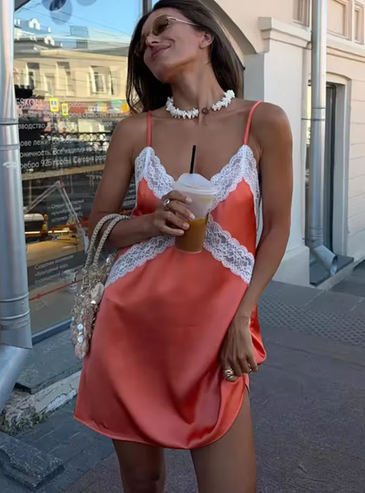 Satin Slip Mini Dress Women White Lace Crisscross V Neck Spaghetti Strap Summer Party Vacation Short Dress 2026 New