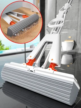 Geperst Zelflozende Rubber Katoenen Mop Hand Gratis Magic Zelfreinigende Platte Mop Herbruikbare Spons Huishoudelijke Vloerreiniging Tool