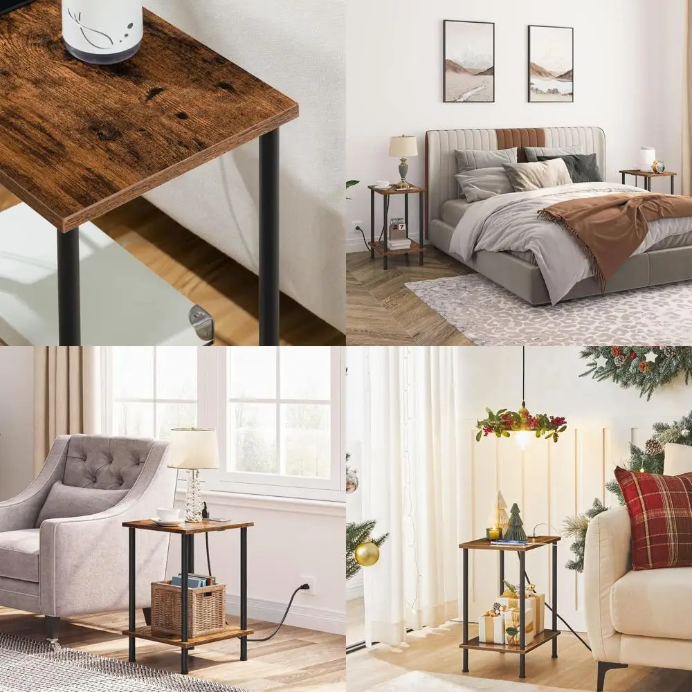

Rustic Brown Dual Side Tables with Charging Ports & Storage Shelves for Compact Spaces