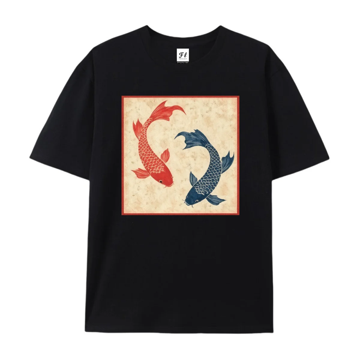 Vintage Koi Fish Yin Yang Square Graphic T Shirt Oriental Red Blue Carp Art Print Tee Aesthetic Japanese Chinese Casual Style