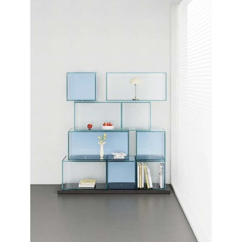 Blue glass display cabinet, floor-to-ceiling wine cabinet decorative cabinet combined storage bookcase