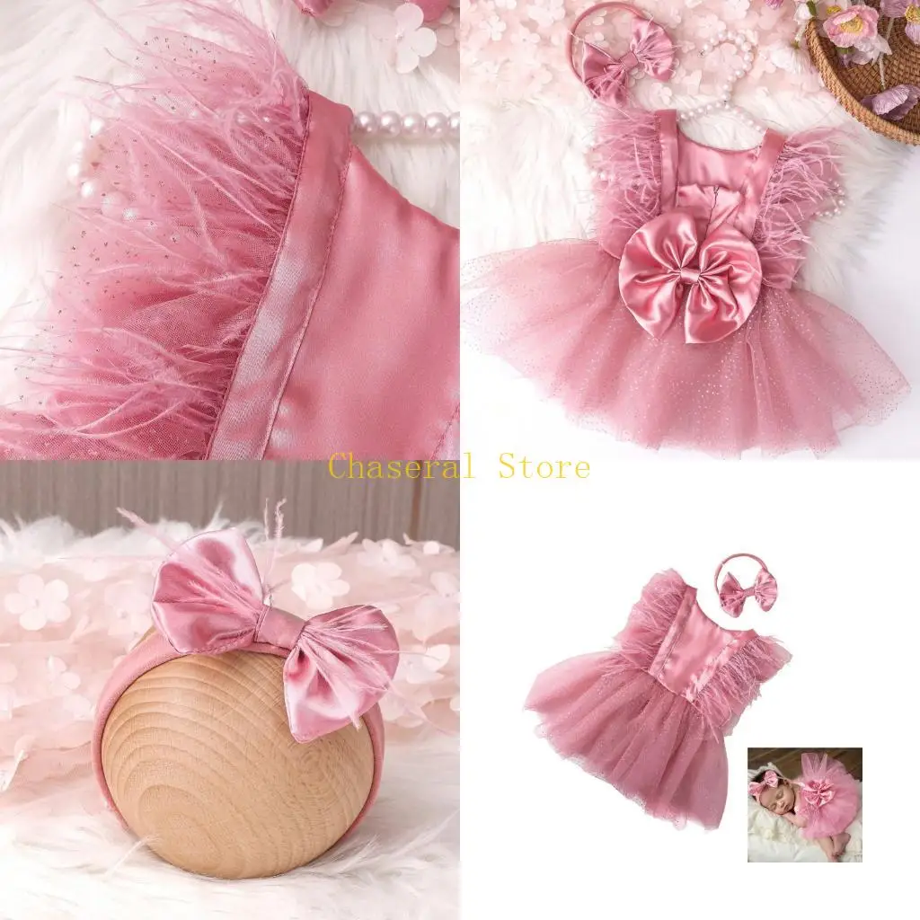 e7ce-手作りチュールベビープリンセスドレスとマッチングちょう結びヘッドバンド写真小道具新生児女の子写真アクセサリー