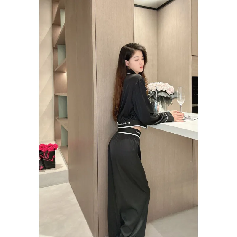 Autumn Ice Silk Pajamas, Female Minority Long Sleeve Short Premium Home Fur Set, Fashion Wide Leg Pants, Mesh Red