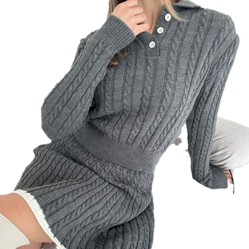 Women\'s Two-piece Long Sleeved Knitted Button Sweater Short Skirt Set for Autumn/winter 2024