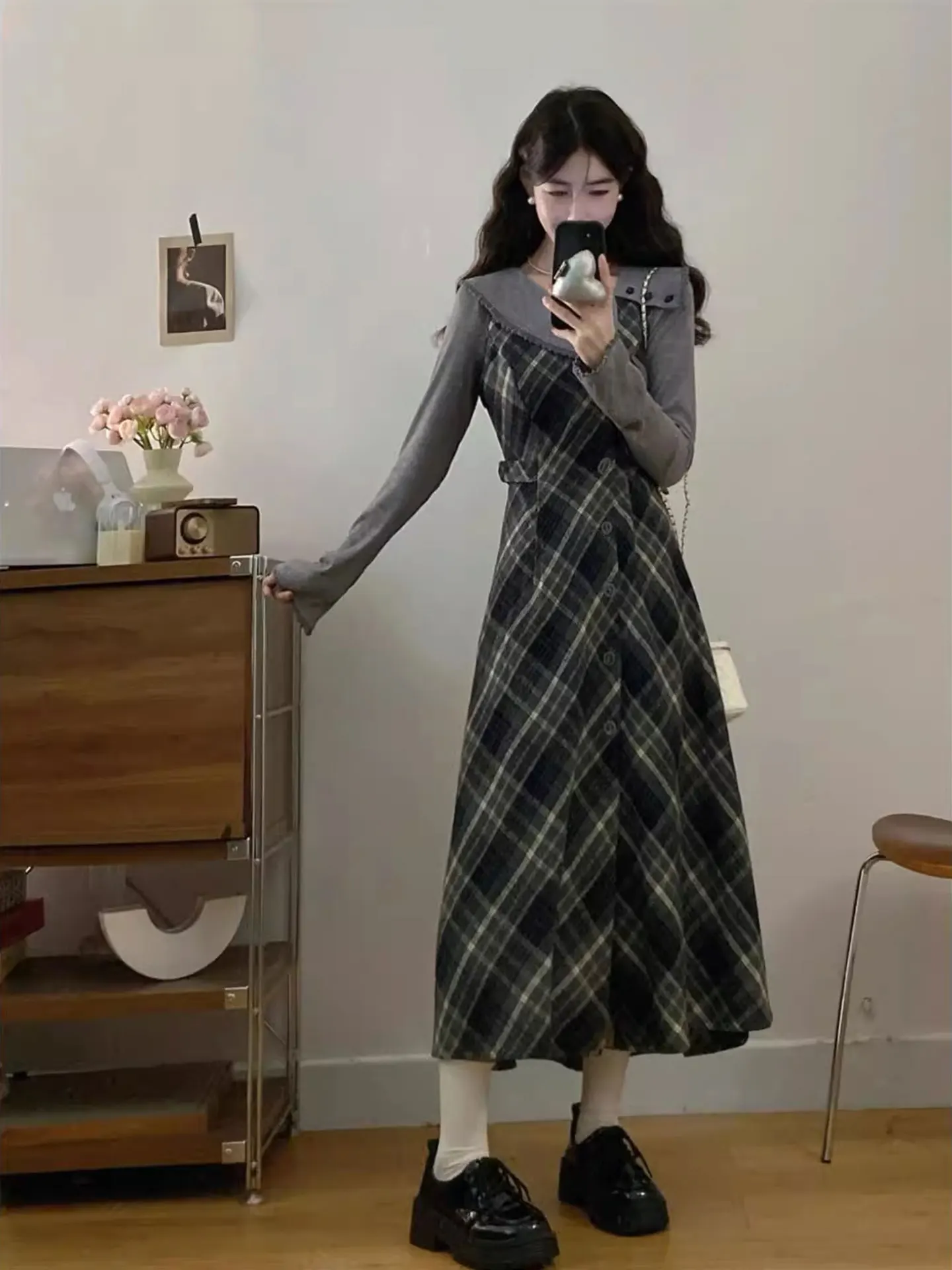 

Faionable Plaid Long Sve Dr And Base irt plus Size Women's Clothing Autumn Winter Two-Piece Set High Waist Design C...