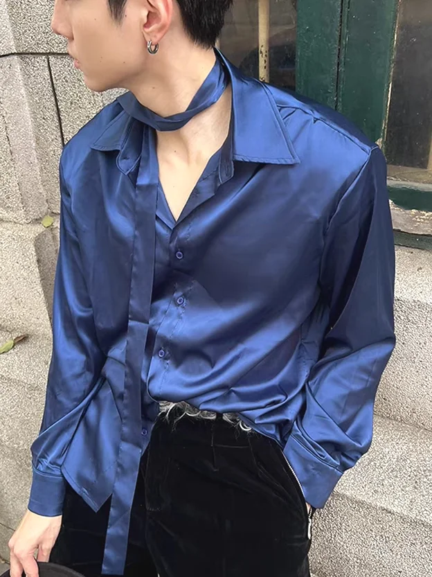 Silk Satin Long Sleeve Men's Shirt with Sash Pad Shoulder Artistic Loose Fit Elegant Casual Style Four Season Universal