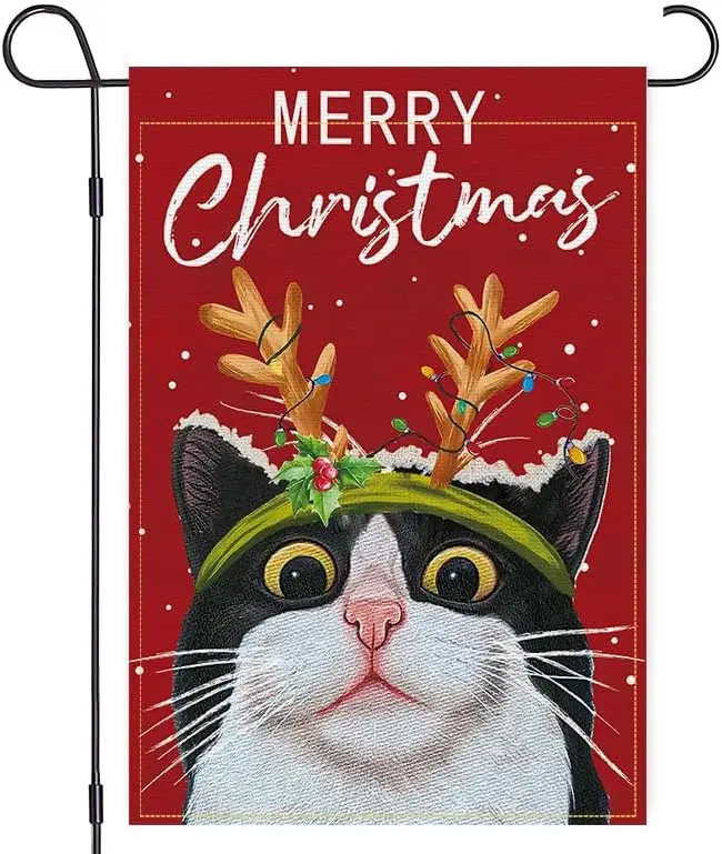 Balgardekor Welcome Christmas Garden Flag 12x18 Double Sided Merry Xmas Cat Garden Flag for outside Red Black Small Vertical yyi