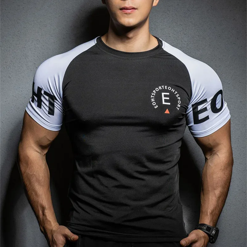 Summer New Men\'s Sports T-shirt Running Gym tops Exercise Slim Fit Elastic Quick Dry Short sleeved fitness T-shirt men clothing