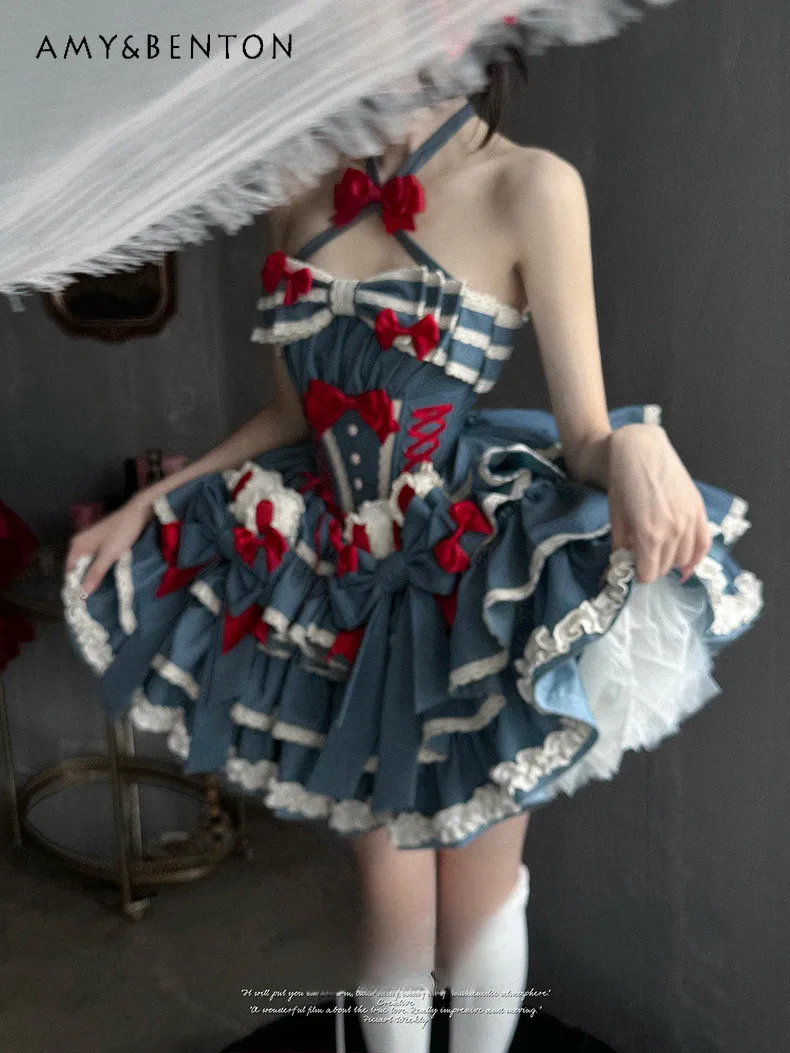 

Strapless Slim High-Waisted Short Lolita Dress Birthday Party Coming-of-Age Ceremony Blue Dress Versatile White Bustle