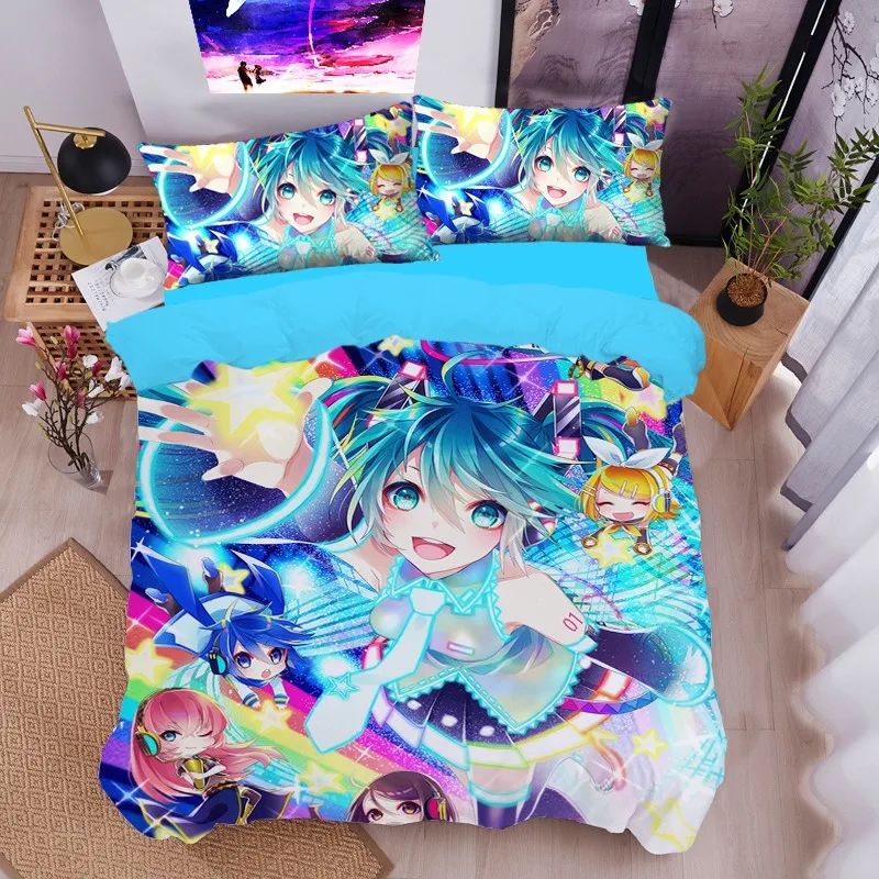 かわいいアニメ初音ミク寝具セットキルトカバー枕カバー原宿ベッド寝室布団カバー装飾寝具スーツキッズギフト