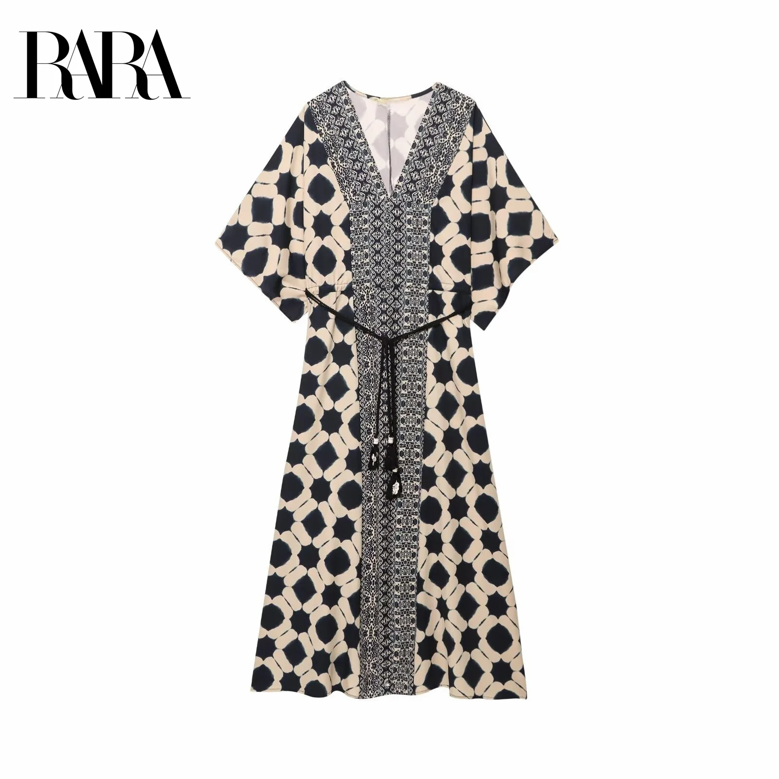 

RARA Womens Summer Loose Elegant V Neck Half Sleeve Robe Style Mid Length Printed Dress with Drawstring Belt