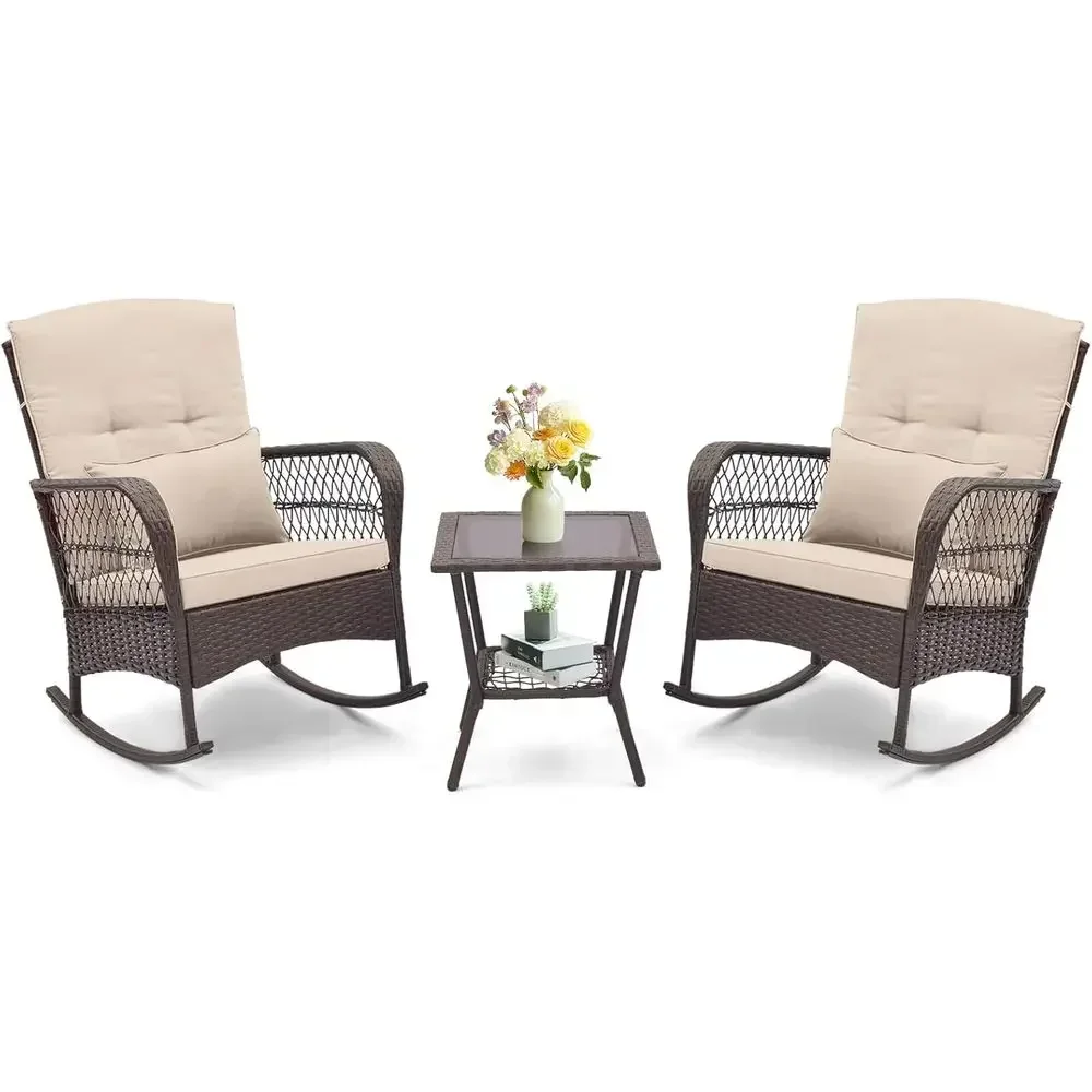3-Piece Outdoor Wicker Rocker Set with Cushions, Pillows, and Glass Coffee Table for Patio, Balcony, or Garden (Beige)
