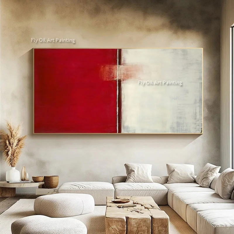 Hand Drawn Red White Abtsract Canvas Thick Oil Painting Large Special Popular Blue Yellow Simple Wall Art Decor Items For Room