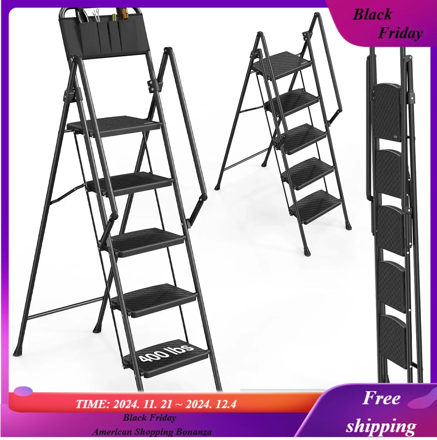 5 Step Ladder with Handrails, Folding Step Stool with Widened Anti-Slip Pedal, 400lbs Lightweight Step Ladder