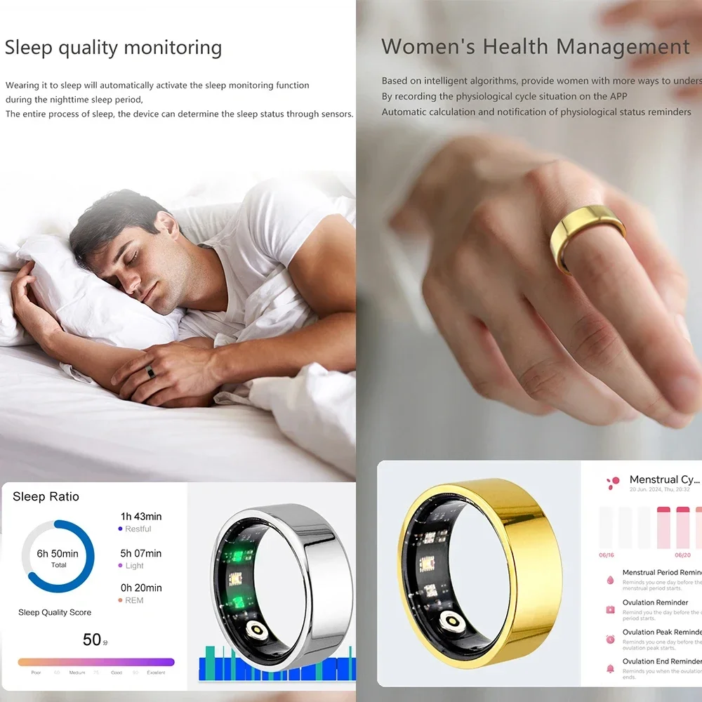 2024 Smart Ring Stainless Steel Health Monitoring Life Waterproof Multi-sport Modes Heart Rate Blood Oxygen Tracker Ring Gifts