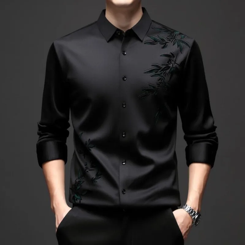 New High-end Men's Shirt with Fleece No-iron Long-sleeved Anti-wrinkle Wrinkle-free and Elastic Casual Shirt Fashion Menswear