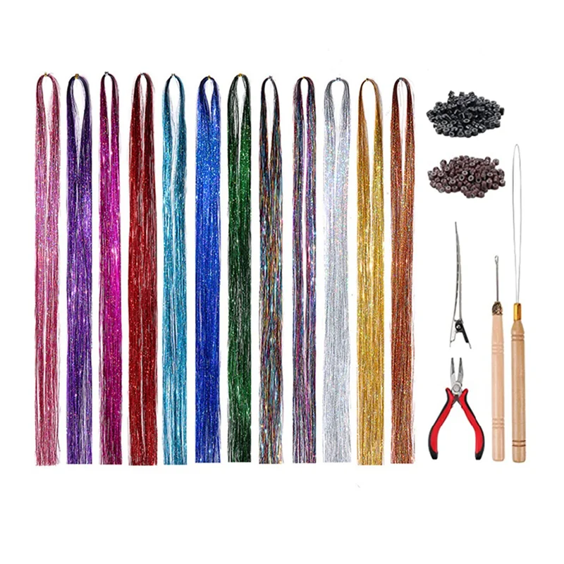 

Hair Extension Gold Wire Hair Extension Colored Wire Tinsel Set Heat Resistant Fairy Hair Tinsel Set with Tools