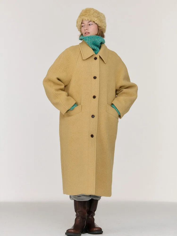 

Sienne Yellow Woolen Coat Women's Winter New Sle Korean Retro Lapel Long Single Button Woolen Coat Loose Fit Commute Sle