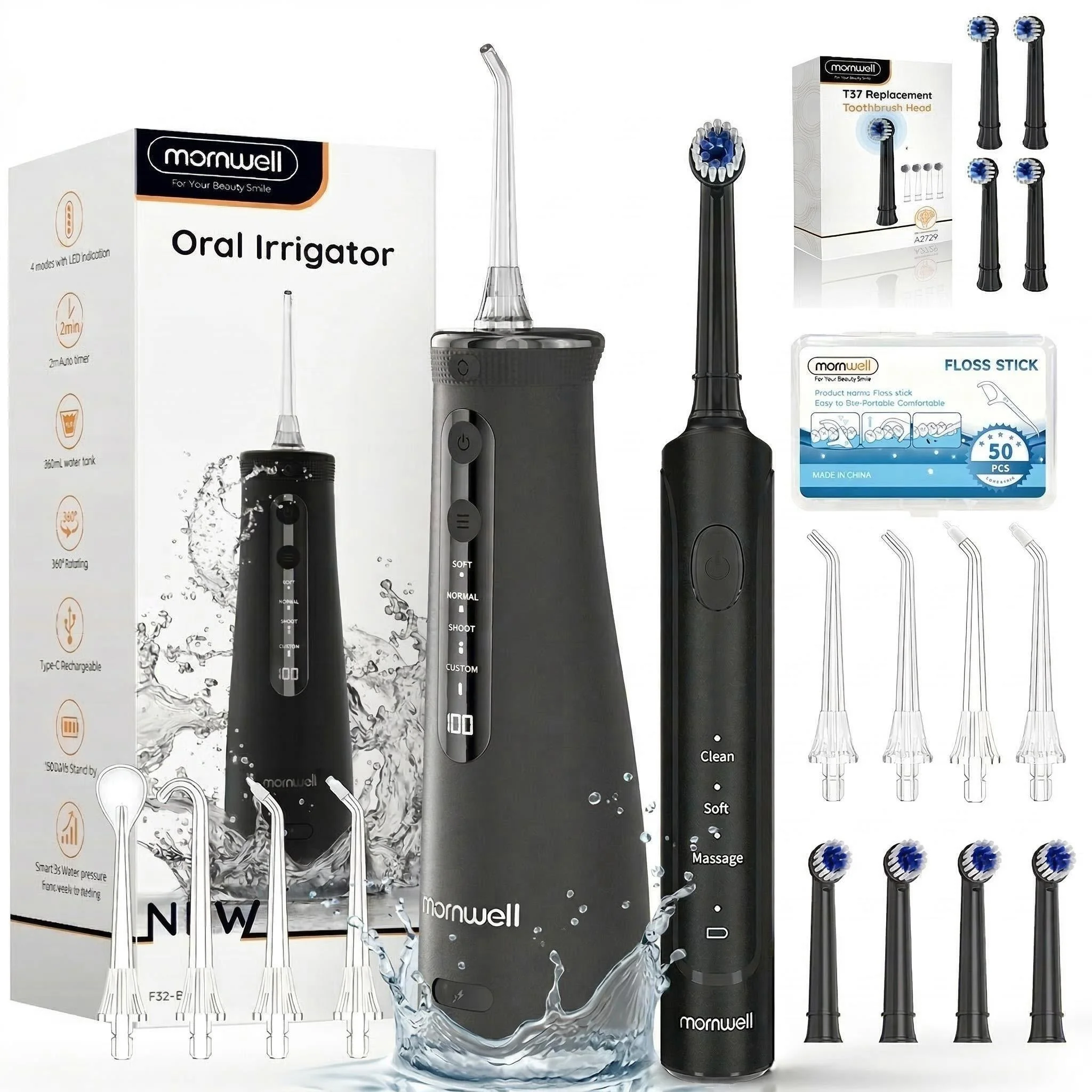 Electric Toothbrush with Water Flosser Combo in One - Sonic Flossing Toothbrushes for Teeth Cleaning-4 Modes & 4 Brush Heads