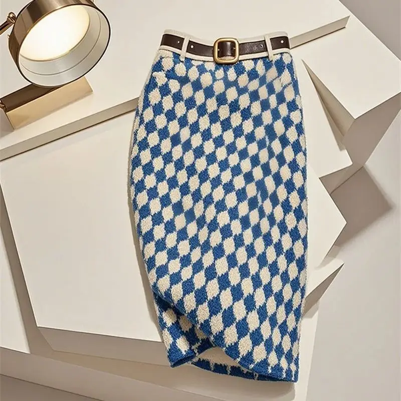 กระโปรงทรงดินสอผ้าถักลายสก็อตเอวสูงทรงเข้ารูปสำหรับผู้หญิง แฟชั่นใหม่ เสื้อผ้าผู้หญิง
