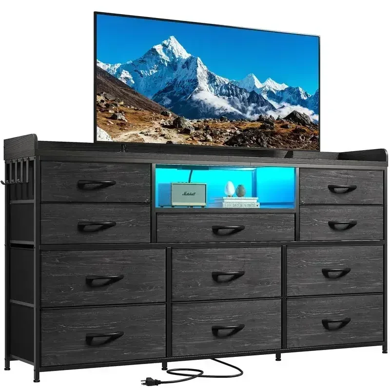 Raybee Furniture Dresser TV Stand with 11 Drawers for Bedroom with LED Lights & Power Outlets Long Dresser for Bedroom