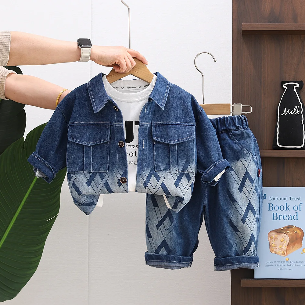 Kids Boys Spring 3 Piece Outfit 2026 Baby Boy Clothes Denim Jacket + Letter Print T-Shirt + Pants Toddler Casual Clothing Set