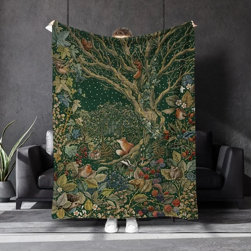 Forest Themed Flannel Blanket Thickened All Season Soft Plush Bed Cover Green Leaves And Animal Prints