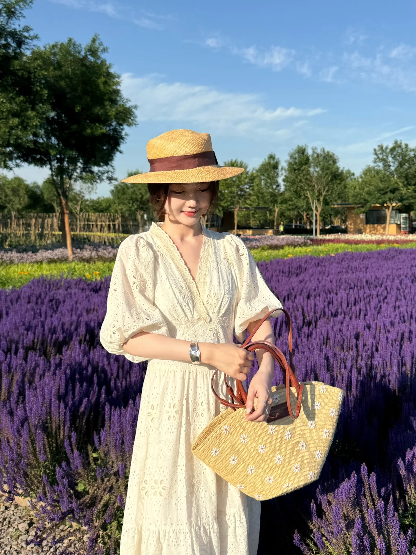 

Cao Daman Provençal Vintage Embroidered Hollow out Long Bubble Sve V-Ne Dr Women Summer A-Line Cotton Midi Dr