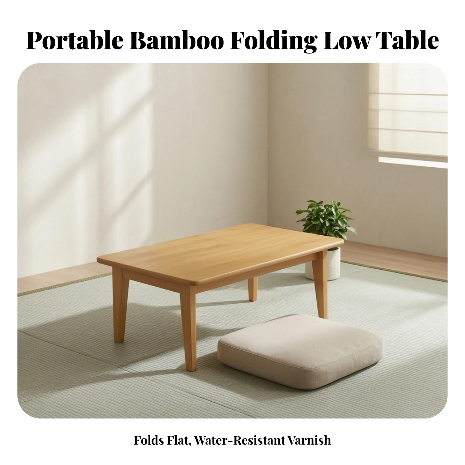 Low Tea Table Compact Bamboo Table Bed Desk Easy to Store Furniture Sturdy for Window Seat, Tatami Room