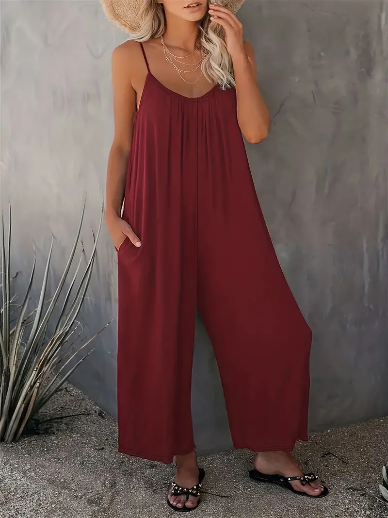 

2025 Women's Summer Solid Color Sleeveless Jumpsuit with Loose Dropped Waist and Wide Leg Pants with Double Side Pockets