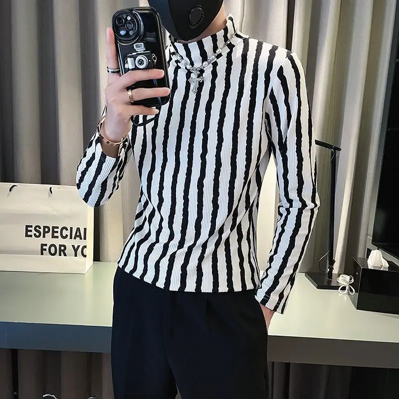 Plus Size Striped All-match Street Casual T Shirts Spring Autumn New Long Sleeve Trend Pullovers Top Fashion Vintage Men Clothes