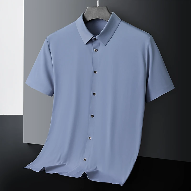 New High-quality Ice Silk Men\'s Business Casual Short Sleeved Shirt Summer Ultra-thin Breathable Outdoor Sports Solid Color Top