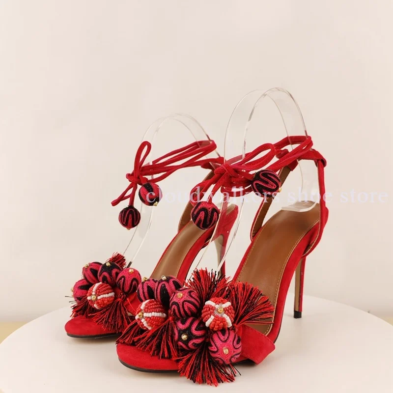Vintage Ethnic Red Suede Stiletto Sandal Handcraft Bead Pom Pom Tassel Detail Peep Toe Sandals Adjustable Ankle Banquet Vacation - view 2