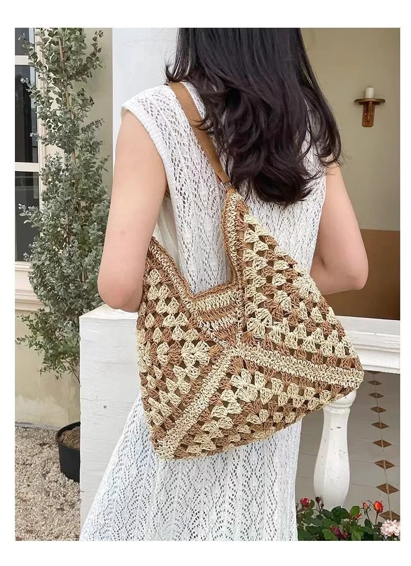 Women's Quality Handmade Straw Woven Shoulder Bag Hollow Square Flower Triangle Handbag Vacation Blocked Colors Beach Bag