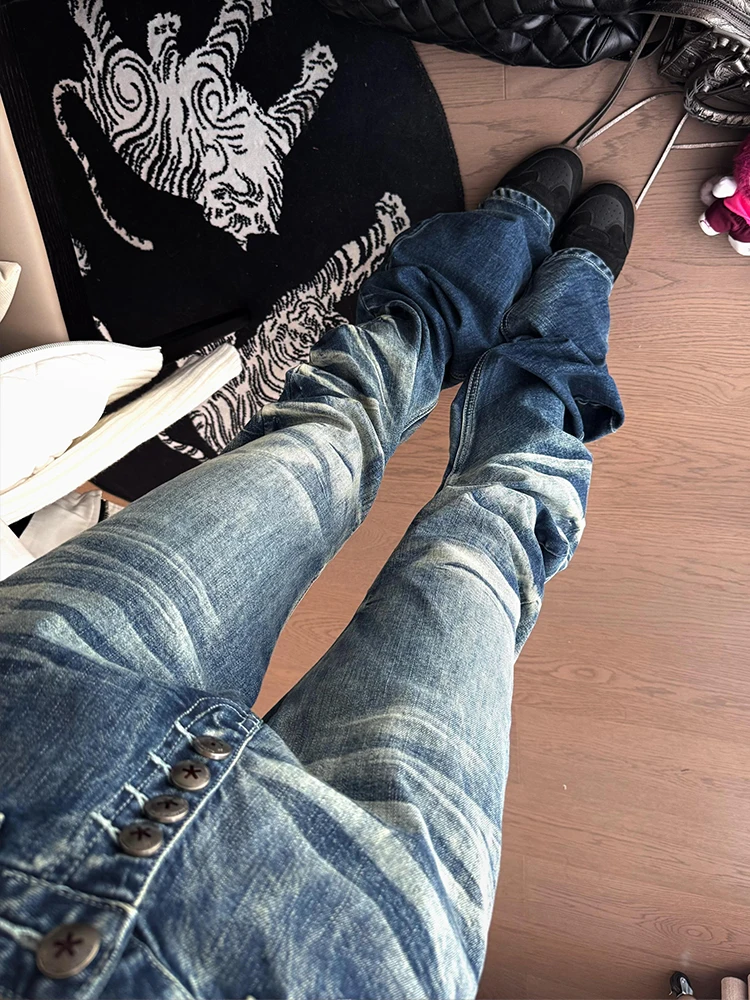 

Retro American Washed Gradient Denim Jeans Women's Summer New Style Millennium Sexy Design Folded Hem Long Trousers