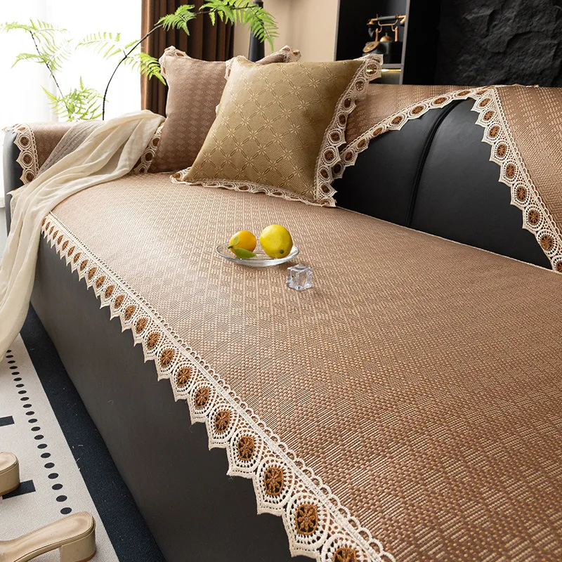 Summer Wormwood Ice Rattan Sofa Cushion Sectional Cozy Cooling Furniture Protector Anti-Scratch Couch Slipcover for Living Room